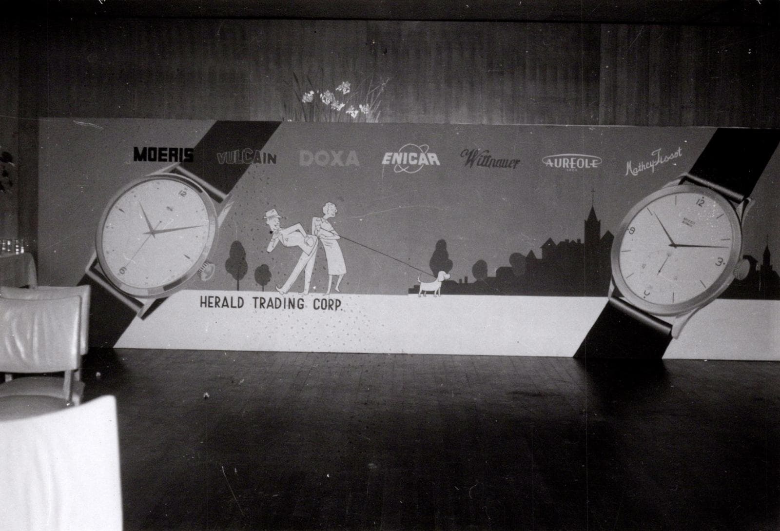 Early Herald Trading Corp. display wall showing the Swiss watch brands the company represented